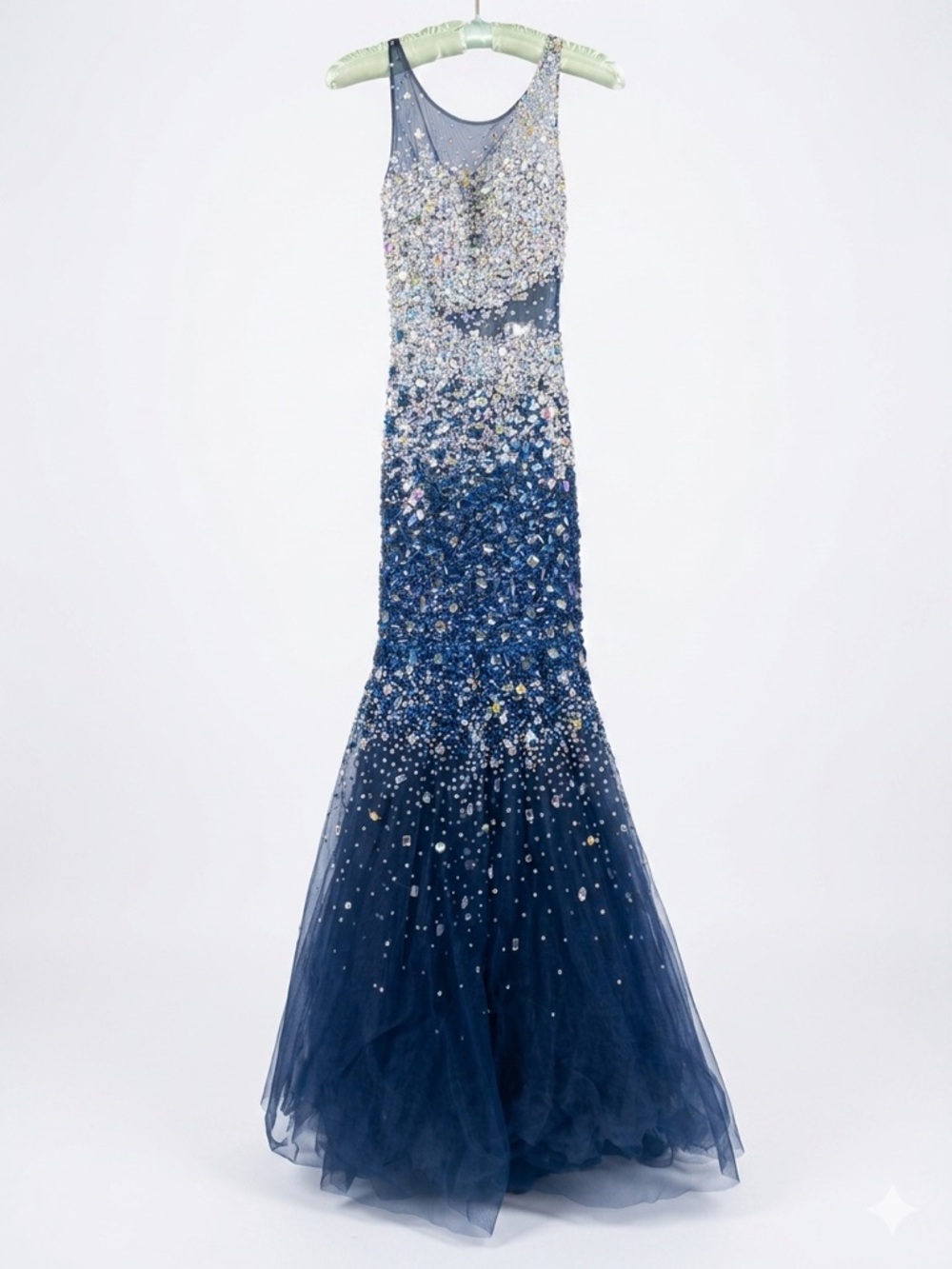 NavyBlue Tulle Embellished Beaded Jeweled Mermaid Dress Small